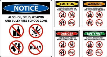aviso de señal de seguridad escolar, zona escolar libre de alcohol, drogas, armas y matones vector