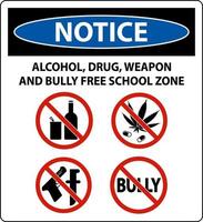 School Security Sign Notice, Alcohol, Drug, Weapon And Bully Free School Zone vector