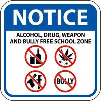 School Security Sign Notice, Alcohol, Drug, Weapon And Bully Free School Zone vector