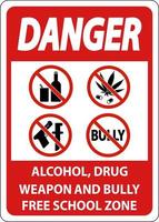 señal de seguridad escolar peligro, alcohol, drogas, armas y zona escolar libre de matones vector