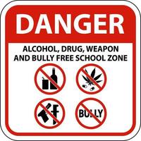 señal de seguridad escolar peligro, alcohol, drogas, armas y zona escolar libre de matones vector