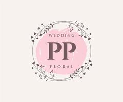 Plantilla de logotipos de monograma de boda con letras iniciales de pp, plantillas florales y minimalistas modernas dibujadas a mano para tarjetas de invitación, guardar la fecha, identidad elegante. vector