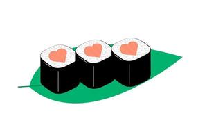 Sushi roll with heart. Cute japanese food. Heart symbol of love for sushi. Vector love sushi roll