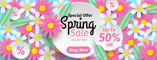 Spring sale banner design with pink flowers, white flowers and green leaves on blue background. seasonal business promotion. vector illustration