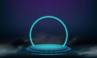 Abstract technology cylinder pedestal podium. Sci-fi dark empty room concept with circle glowing neon lighting. Product display presentation. Futuristic wall scene. vector
