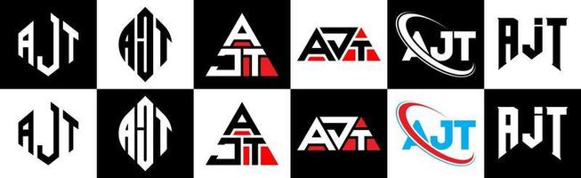 diseño de logotipo de letra ajt en seis estilos. ajt polígono, círculo, triángulo, hexágono, estilo plano y simple con logotipo de letra de variación de color blanco y negro en una mesa de trabajo. ajt logotipo minimalista y clásico vector