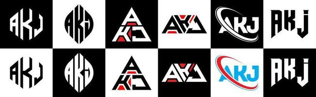 AKJ letter logo design in six style. AKJ polygon, circle, triangle, hexagon, flat and simple style with black and white color variation letter logo set in one artboard. AKJ minimalist and classic logo vector