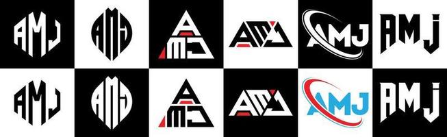 AMJ letter logo design in six style. AMJ polygon, circle, triangle, hexagon, flat and simple style with black and white color variation letter logo set in one artboard. AMJ minimalist and classic logo vector