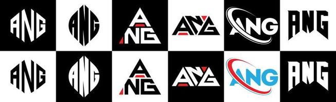 ANG letter logo design in six style. ANG polygon, circle, triangle, hexagon, flat and simple style with black and white color variation letter logo set in one artboard. ANG minimalist and classic logo vector