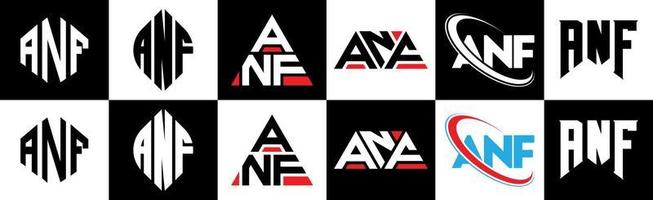 ANF letter logo design in six style. ANF polygon, circle, triangle, hexagon, flat and simple style with black and white color variation letter logo set in one artboard. ANF minimalist and classic logo vector