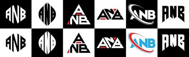 ANB letter logo design in six style. ANB polygon, circle, triangle, hexagon, flat and simple style with black and white color variation letter logo set in one artboard. ANB minimalist and classic logo vector