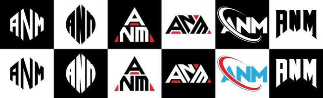 ANM letter logo design in six style. ANM polygon, circle, triangle, hexagon, flat and simple style with black and white color variation letter logo set in one artboard. ANM minimalist and classic logo vector