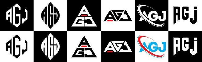 diseño de logotipo de letra agj en seis estilos. agj polígono, círculo, triángulo, hexágono, estilo plano y simple con logotipo de letra de variación de color blanco y negro en una mesa de trabajo. agj logotipo minimalista y clásico vector