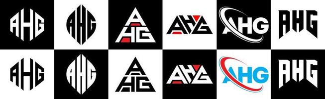 AHG letter logo design in six style. AHG polygon, circle, triangle, hexagon, flat and simple style with black and white color variation letter logo set in one artboard. AHG minimalist and classic logo vector