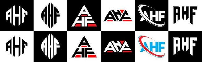 diseño de logotipo de letra ahf en seis estilos. polígono ahf, círculo, triángulo, hexágono, estilo plano y simple con logotipo de letra de variación de color blanco y negro en una mesa de trabajo. logotipo minimalista y clásico de ahf vector