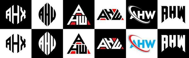 AHW letter logo design in six style. AHW polygon, circle, triangle, hexagon, flat and simple style with black and white color variation letter logo set in one artboard. AHW minimalist and classic logo vector