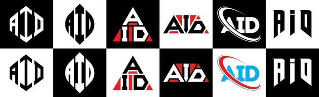 AID letter logo design in six style. AID polygon, circle, triangle, hexagon, flat and simple style with black and white color variation letter logo set in one artboard. AID minimalist and classic logo vector