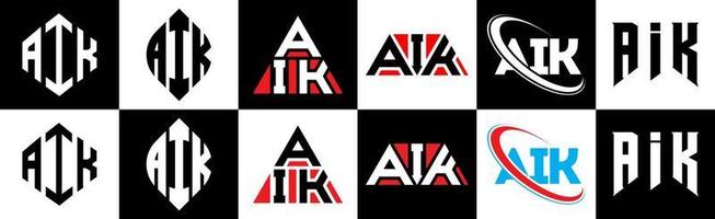 AIK letter logo design in six style. AIK polygon, circle, triangle, hexagon, flat and simple style with black and white color variation letter logo set in one artboard. AIK minimalist and classic logo vector