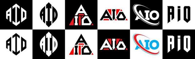 AIO letter logo design in six style. AIO polygon, circle, triangle, hexagon, flat and simple style with black and white color variation letter logo set in one artboard. AIO minimalist and classic logo vector