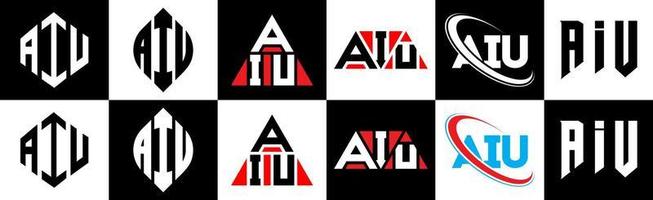 diseño de logotipo de letra aiu en seis estilos. aiu polígono, círculo, triángulo, hexágono, estilo plano y simple con logotipo de letra de variación de color blanco y negro en una mesa de trabajo. logotipo minimalista y clásico de aiu vector