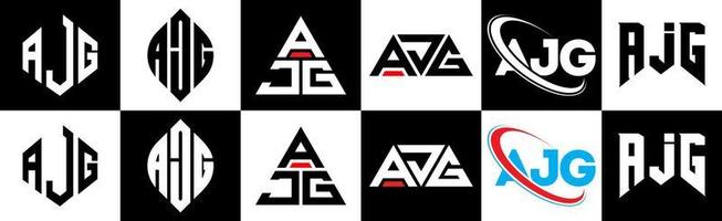 diseño de logotipo de letra ajg en seis estilos. ajg polígono, círculo, triángulo, hexágono, estilo plano y simple con logotipo de letra de variación de color blanco y negro en una mesa de trabajo. ajg logotipo minimalista y clásico vector