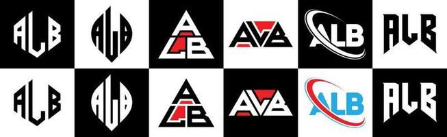 diseño de logotipo de letra alb en seis estilos. alb polígono, círculo, triángulo, hexágono, estilo plano y simple con logotipo de letra de variación de color blanco y negro en una mesa de trabajo. logo minimalista y clásico de alb vector