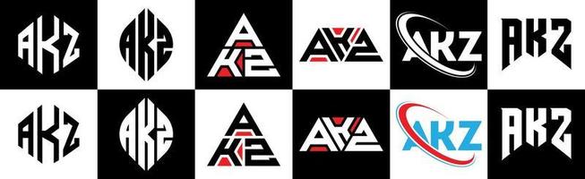 diseño de logotipo de letra akz en seis estilos. akz polígono, círculo, triángulo, hexágono, estilo plano y simple con logotipo de letra de variación de color blanco y negro en una mesa de trabajo. logotipo minimalista y clásico de akz vector