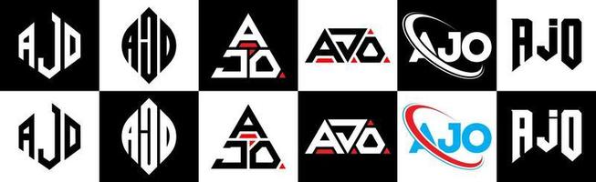 AJO letter logo design in six style. AJO polygon, circle, triangle, hexagon, flat and simple style with black and white color variation letter logo set in one artboard. AJO minimalist and classic logo vector