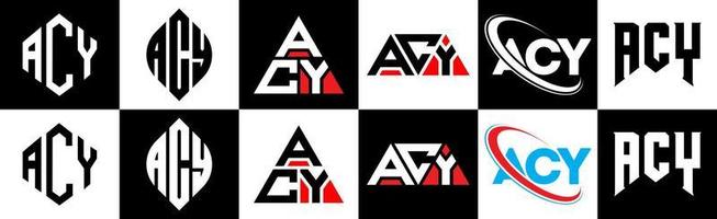 ACY letter logo design in six style. ACY polygon, circle, triangle, hexagon, flat and simple style with black and white color variation letter logo set in one artboard. ACY minimalist and classic logo vector