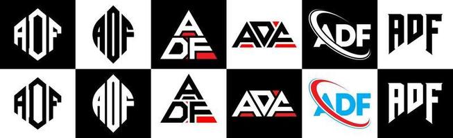 ADF letter logo design in six style. ADF polygon, circle, triangle, hexagon, flat and simple style with black and white color variation letter logo set in one artboard. ADF minimalist and classic logo vector