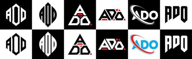 ADO letter logo design in six style. ADO polygon, circle, triangle, hexagon, flat and simple style with black and white color variation letter logo set in one artboard. ADO minimalist and classic logo vector