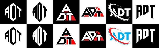 ADT letter logo design in six style. ADT polygon, circle, triangle, hexagon, flat and simple style with black and white color variation letter logo set in one artboard. ADT minimalist and classic logo vector