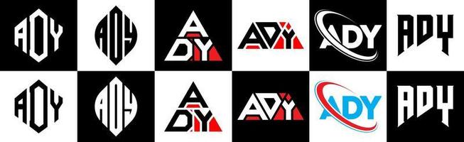 ADY letter logo design in six style. ADY polygon, circle, triangle, hexagon, flat and simple style with black and white color variation letter logo set in one artboard. ADY minimalist and classic logo vector