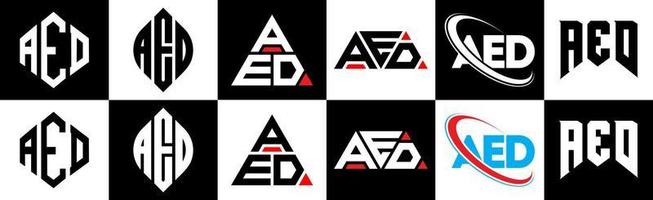 AED letter logo design in six style. AED polygon, circle, triangle, hexagon, flat and simple style with black and white color variation letter logo set in one artboard. AED minimalist and classic logo vector