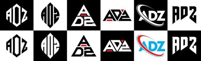 diseño de logotipo de letra adz en seis estilos. adz polígono, círculo, triángulo, hexágono, estilo plano y simple con logotipo de letra de variación de color blanco y negro en una mesa de trabajo. logo minimalista y clásico de adz vector