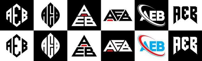 diseño de logotipo de letra aeb en seis estilos. aeb polígono, círculo, triángulo, hexágono, estilo plano y simple con logotipo de letra de variación de color blanco y negro en una mesa de trabajo. logotipo minimalista y clásico de aeb vector