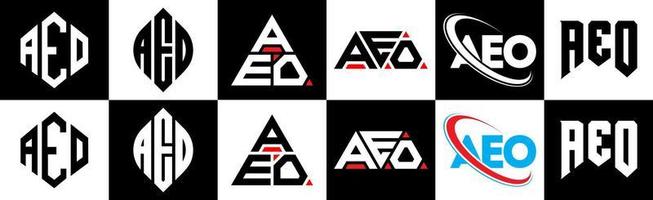 AEO letter logo design in six style. AEO polygon, circle, triangle, hexagon, flat and simple style with black and white color variation letter logo set in one artboard. AEO minimalist and classic logo vector