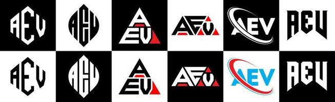 AEV letter logo design in six style. AEV polygon, circle, triangle, hexagon, flat and simple style with black and white color variation letter logo set in one artboard. AEV minimalist and classic logo vector