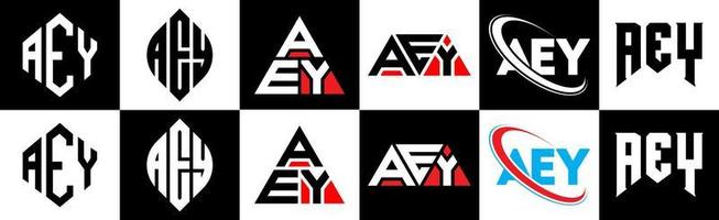 AEY letter logo design in six style. AEY polygon, circle, triangle, hexagon, flat and simple style with black and white color variation letter logo set in one artboard. AEY minimalist and classic logo vector