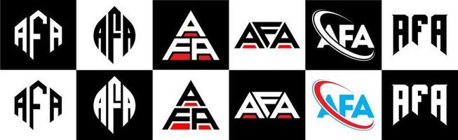 AFA letter logo design in six style. AFA polygon, circle, triangle, hexagon, flat and simple style with black and white color variation letter logo set in one artboard. AFA minimalist and classic logo vector