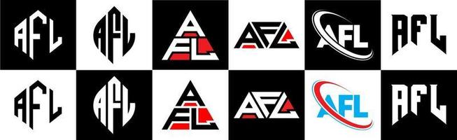 diseño de logotipo de letra afl en seis estilos. afl polígono, círculo, triángulo, hexágono, estilo plano y simple con logotipo de letra de variación de color blanco y negro en una mesa de trabajo. logotipo minimalista y clásico de afl vector