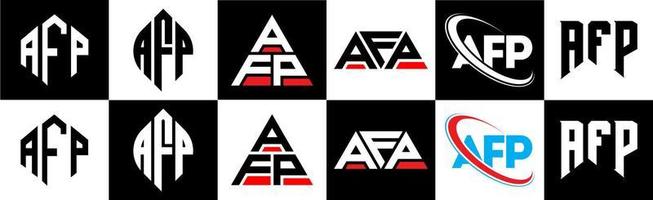 diseño de logotipo de letra afp en seis estilos. afp polígono, círculo, triángulo, hexágono, estilo plano y simple con logotipo de letra de variación de color blanco y negro en una mesa de trabajo. logotipo minimalista y clásico de afp vector