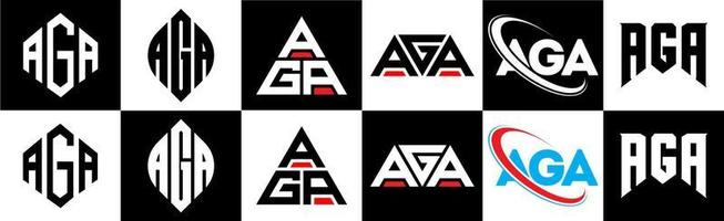 diseño de logotipo de letra aga en seis estilos. aga polígono, círculo, triángulo, hexágono, estilo plano y simple con logotipo de letra de variación de color blanco y negro en una mesa de trabajo. aga logotipo minimalista y clásico vector