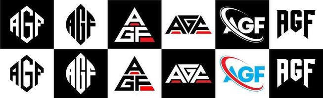 diseño de logotipo de letra agf en seis estilos. agf polígono, círculo, triángulo, hexágono, estilo plano y simple con logotipo de letra de variación de color blanco y negro en una mesa de trabajo. logotipo minimalista y clásico de agf vector