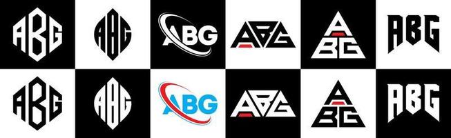 ABG letter logo design in six style. ABG polygon, circle, triangle, hexagon, flat and simple style with black and white color variation letter logo set in one artboard. ABG minimalist and classic logo vector