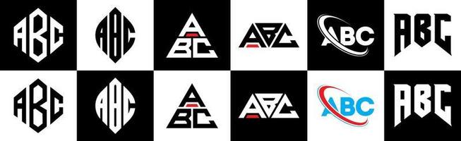 diseño de logotipo de letra abc en seis estilos. abc polígono, círculo, triángulo, hexágono, estilo plano y simple con logotipo de letra de variación de color blanco y negro en una mesa de trabajo. abc logo minimalista y clásico vector