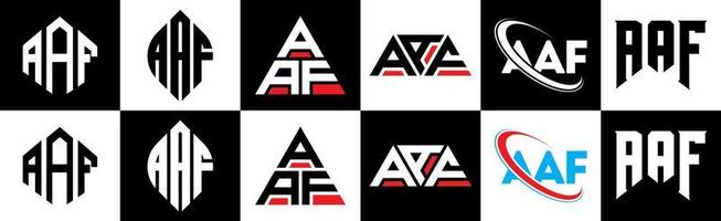 diseño de logotipo de letra aaf en seis estilos. aaf polígono, círculo, triángulo, hexágono, estilo plano y simple con logotipo de letra de variación de color blanco y negro en una mesa de trabajo. aaf logotipo minimalista y clásico vector