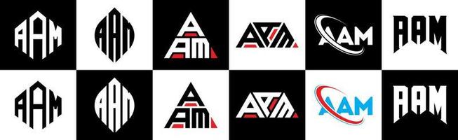 AAM letter logo design in six style. AAM polygon, circle, triangle, hexagon, flat and simple style with black and white color variation letter logo set in one artboard. AAM minimalist and classic logo vector