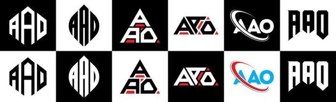 AAO letter logo design in six style. AAO polygon, circle, triangle, hexagon, flat and simple style with black and white color variation letter logo set in one artboard. AAO minimalist and classic logo vector