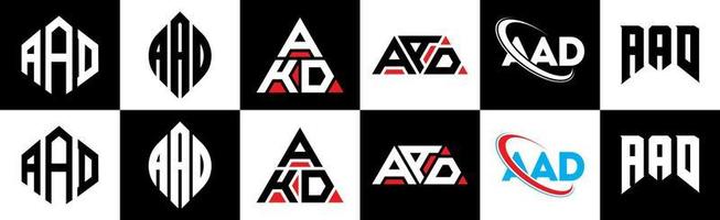 AAD letter logo design in six style. AAD polygon, circle, triangle, hexagon, flat and simple style with black and white color variation letter logo set in one artboard. AAD minimalist and classic logo vector